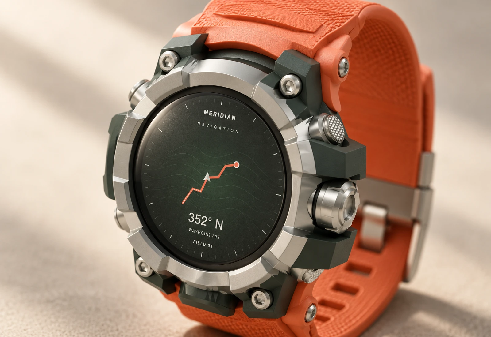 Close-up of Field 01's dark case, segmented metal bezel and original navigation dial