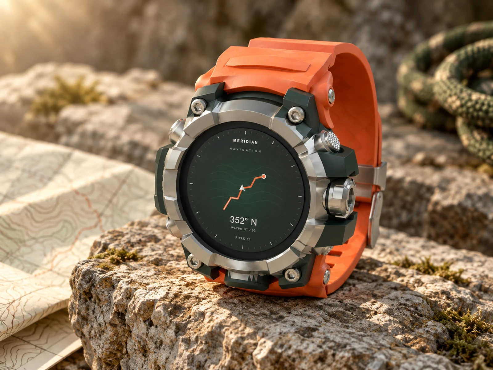 The same Field 01 watch resting on limestone beside a folded map