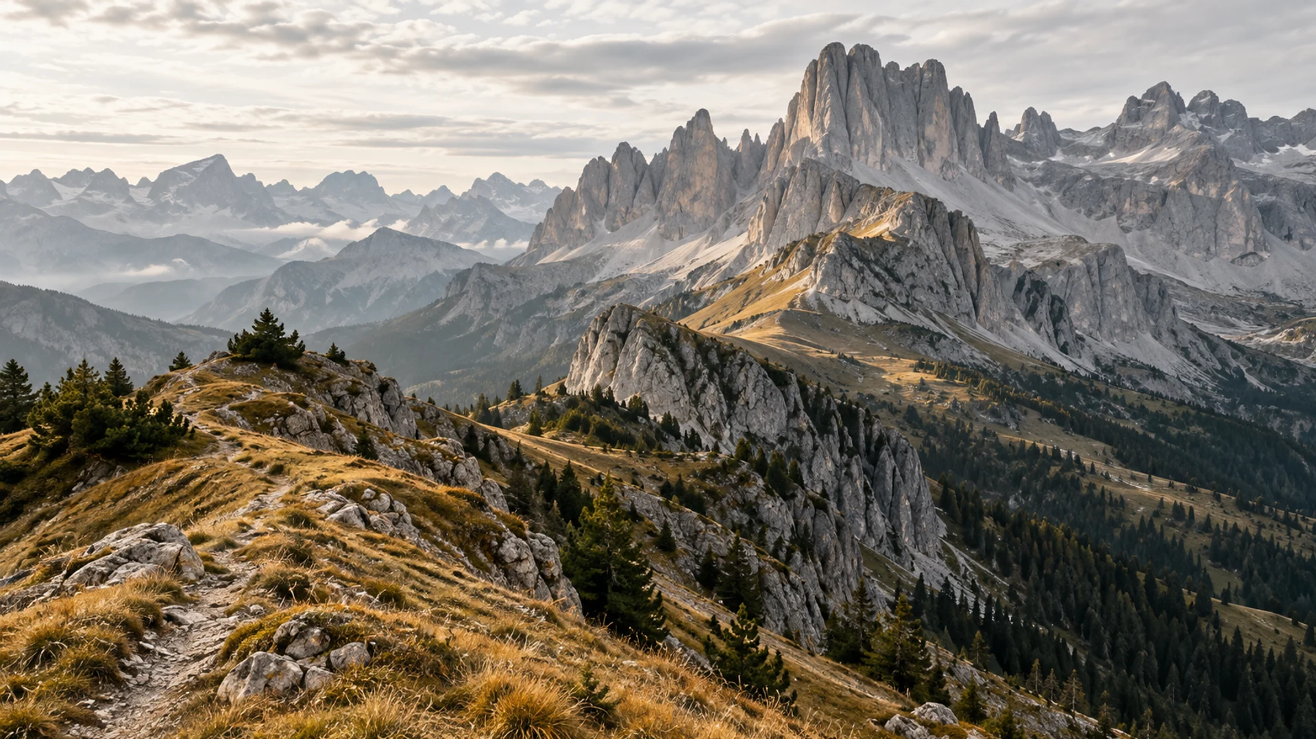 A narrow trail leading towards an immense alpine ridgeline
